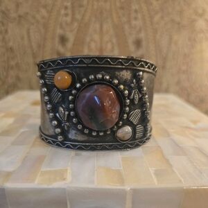 Handcrafted Tribal Silver Tone Bracelet Cuff, Unique, Gemstones
